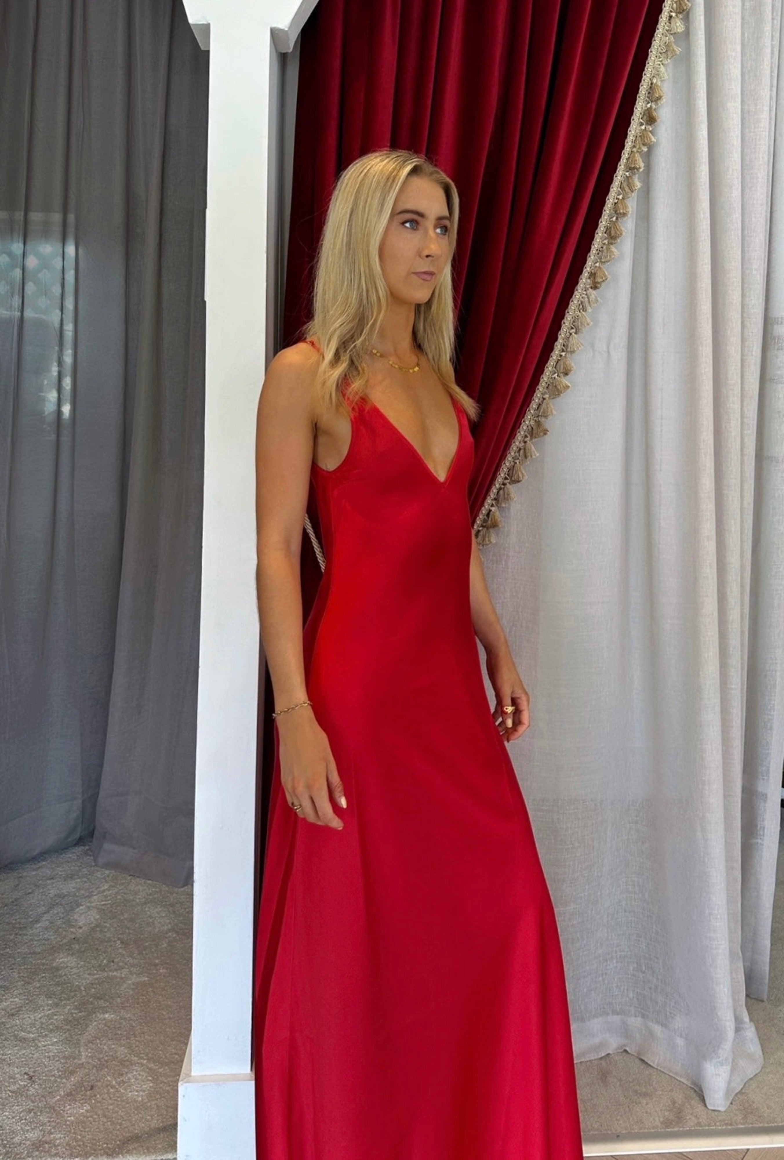 Red silk slip dress hot sale short